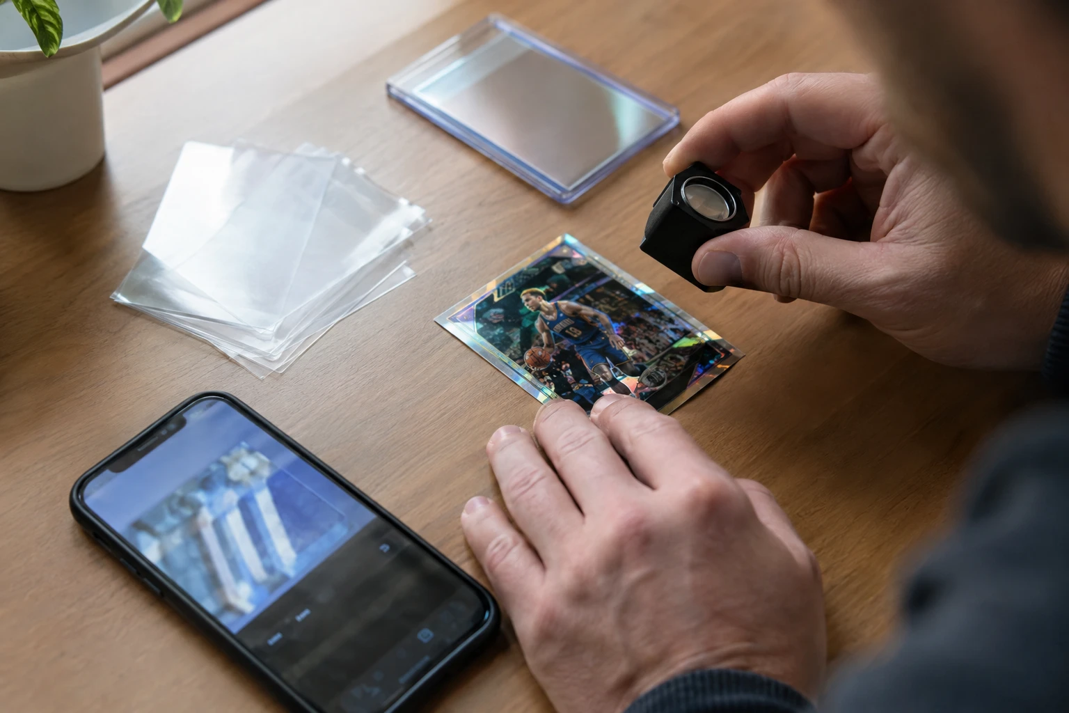 Hands holding a loupe over a trading card next to a smartphone