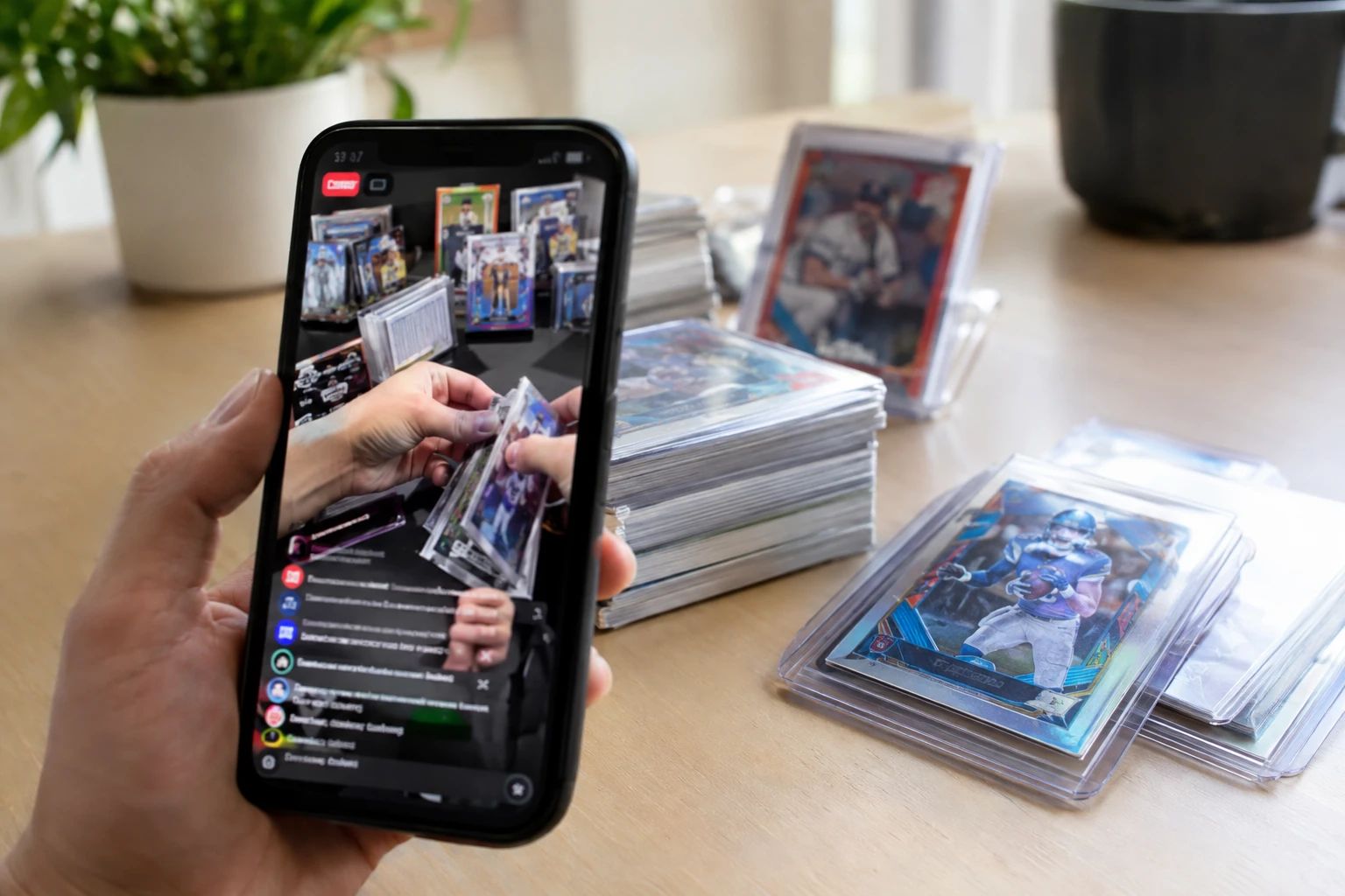 A smartphone showing a Whatnot live card break stream with sports cards being opened on screen