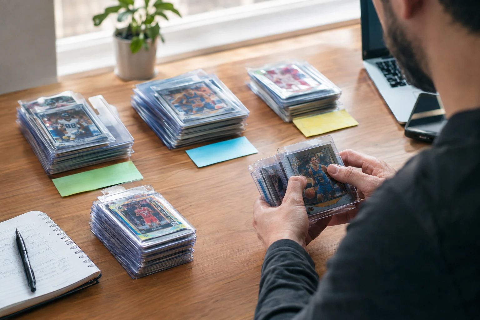 Collector sorting trading cards into submit, sell raw, and hold piles based on AI pre-grading results and ROI calculations