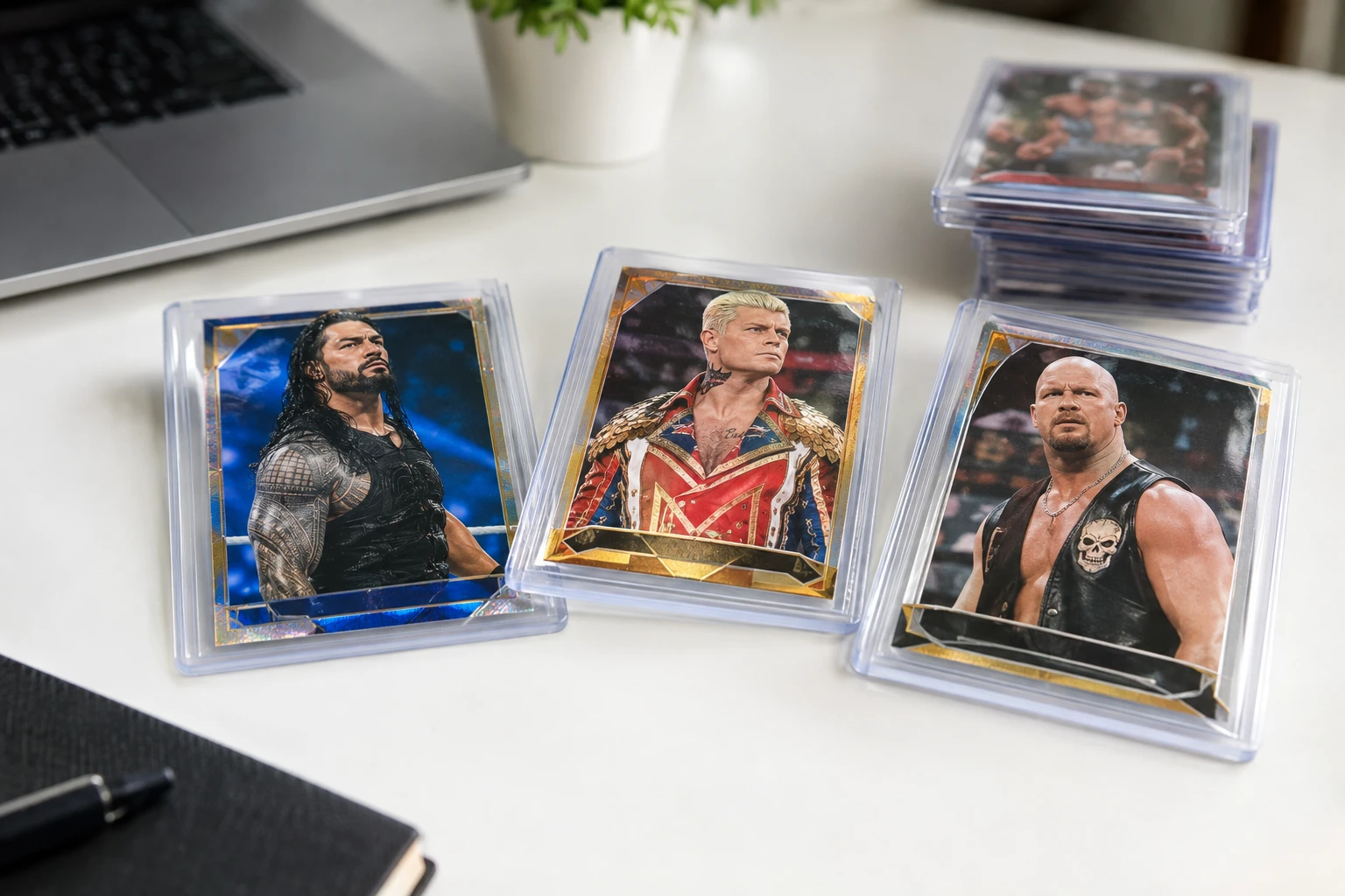 WWE trading cards featuring Roman Reigns, Cody Rhodes, and Stone Cold Steve Austin laid out for AI grading analysis