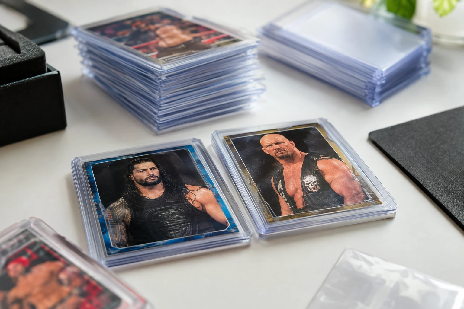 WWE trading cards featuring top wrestlers like Roman Reigns and Stone Cold Steve Austin being prepared for PSA grading