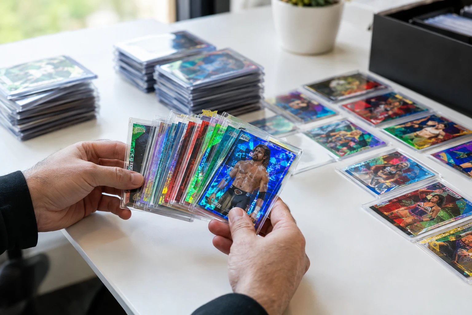 Topps Chrome WWE refractor parallel cards in various colors being sorted for PSA grading submission