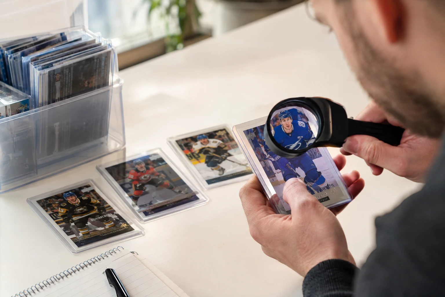 Upper Deck Young Guns hockey rookie cards being examined under magnification for centering and edge wear before PSA grading submission