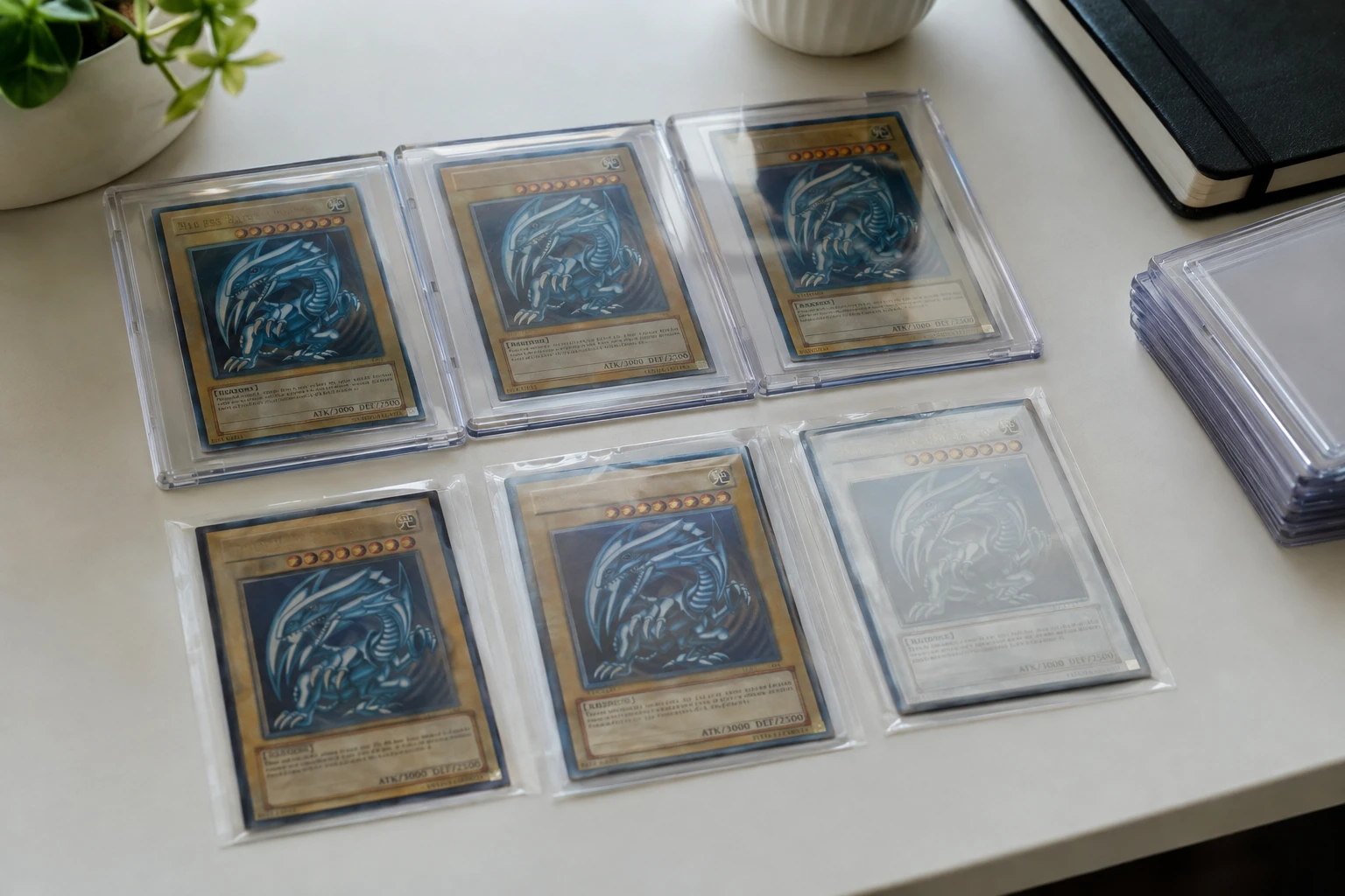 Yu-Gi-Oh LOB 1st Edition Blue-Eyes White Dragon and Ghost Rare cards laid out for grading