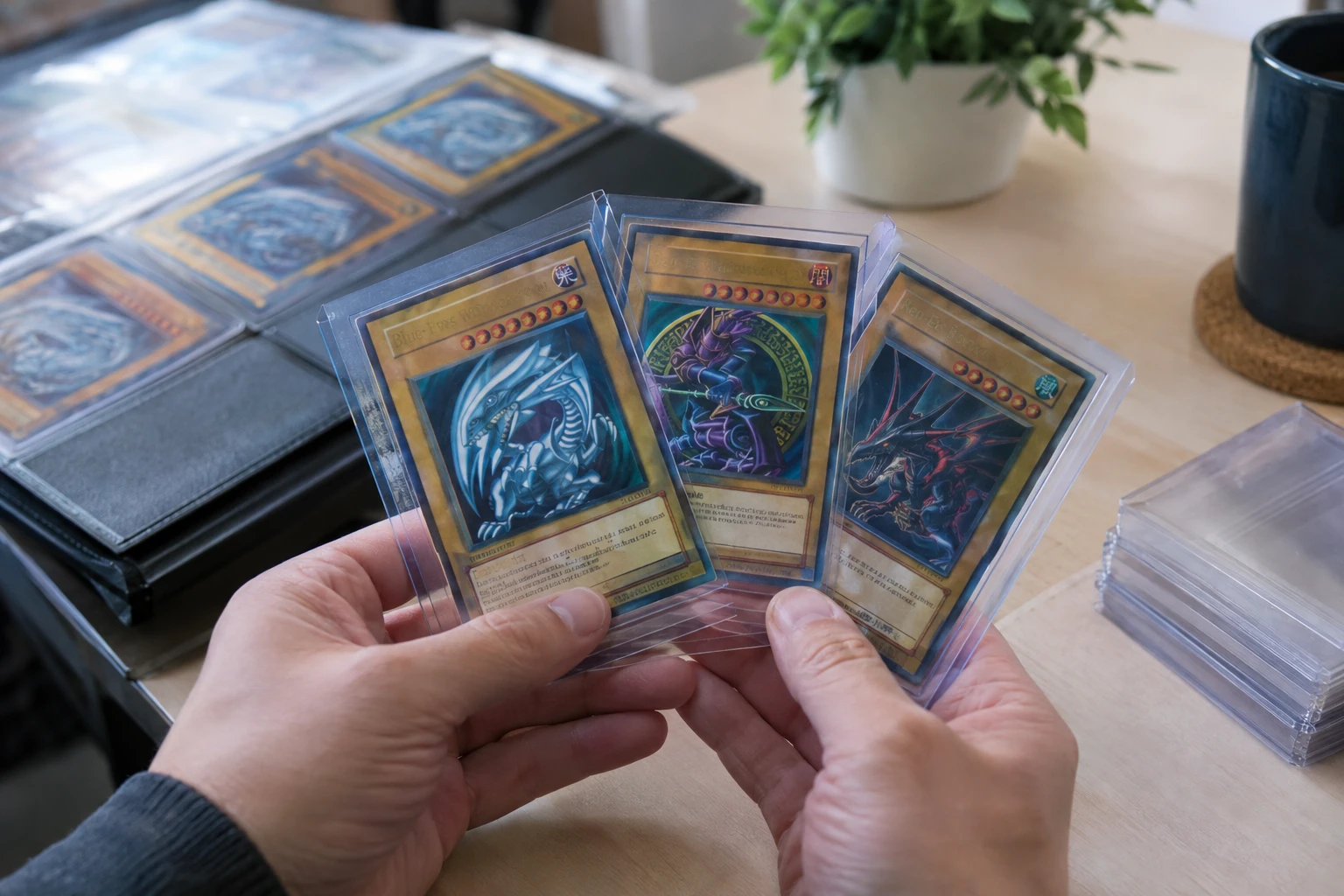 Yu-Gi-Oh Legend of Blue Eyes White Dragon trading cards from 2002 on a collector's table
