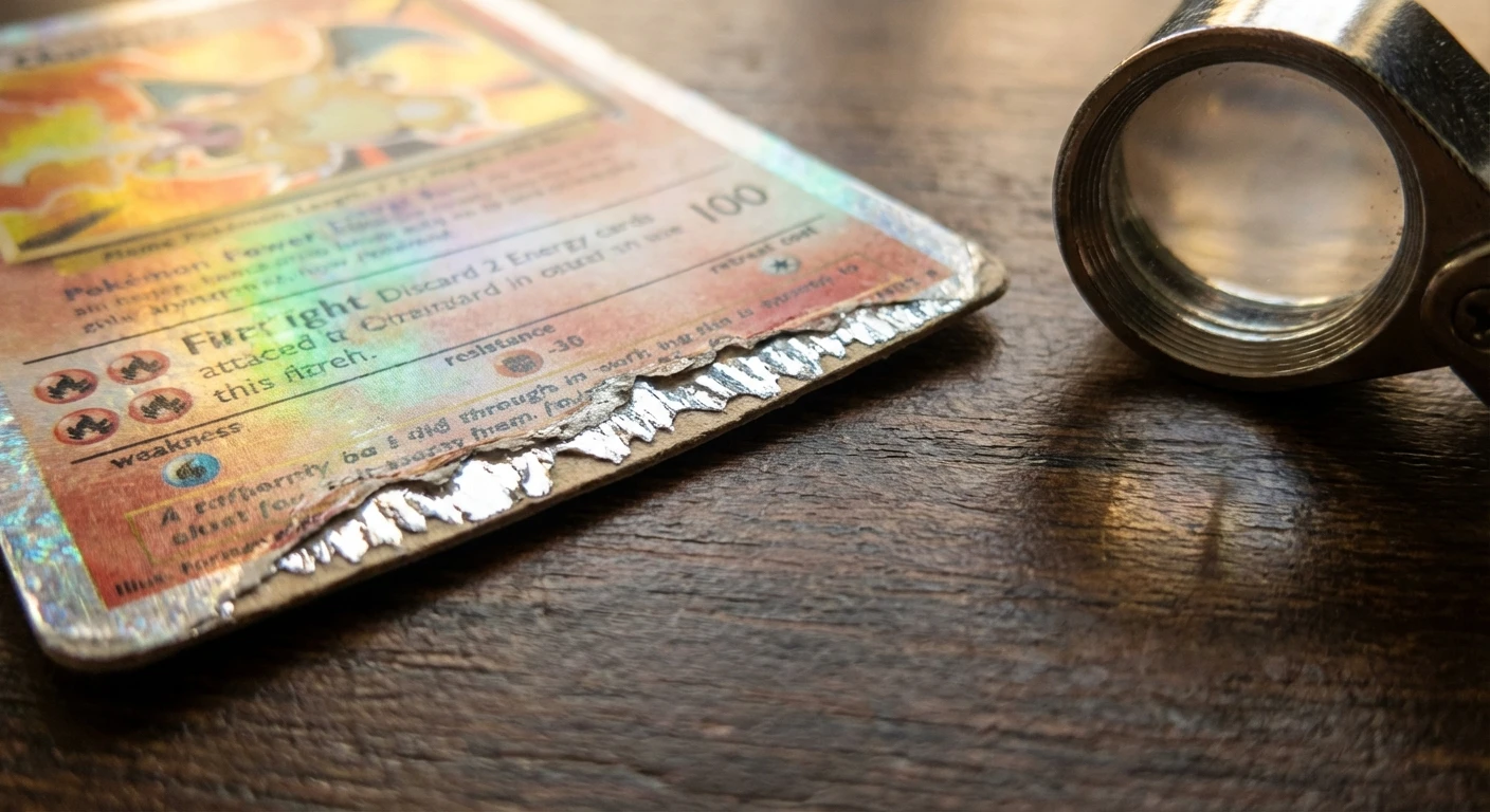 Close-up of Pokemon card edge showing silvering where holographic foil is exposed