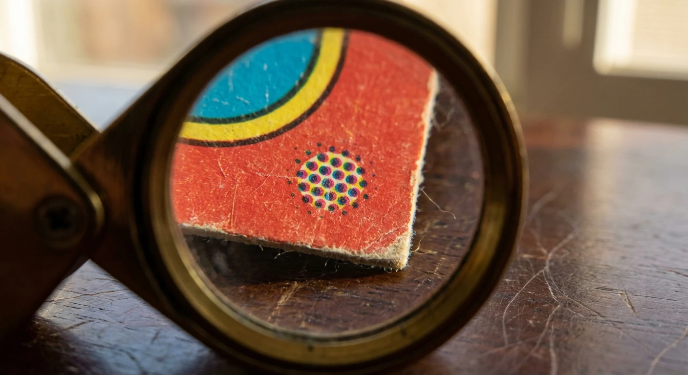 Close-up of 1986 Fleer Jordan red border showing rosette print pattern under magnification