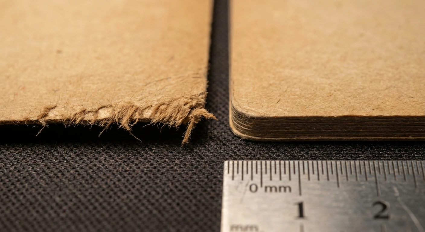 Microscopic comparison of factory rough-cut edge versus mechanically trimmed edge on vintage card stock