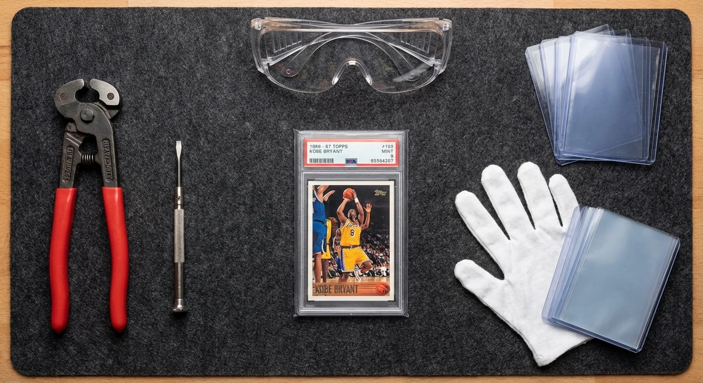 Professional slab cracking workstation with tile nippers, screwdriver, goggles, and PSA slab