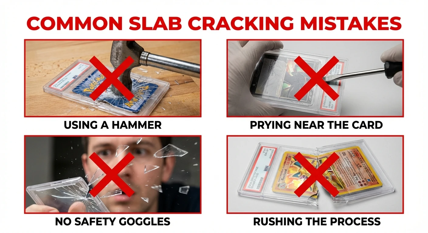 4 common slab cracking mistakes: hammer, prying near card, no goggles, rushing
