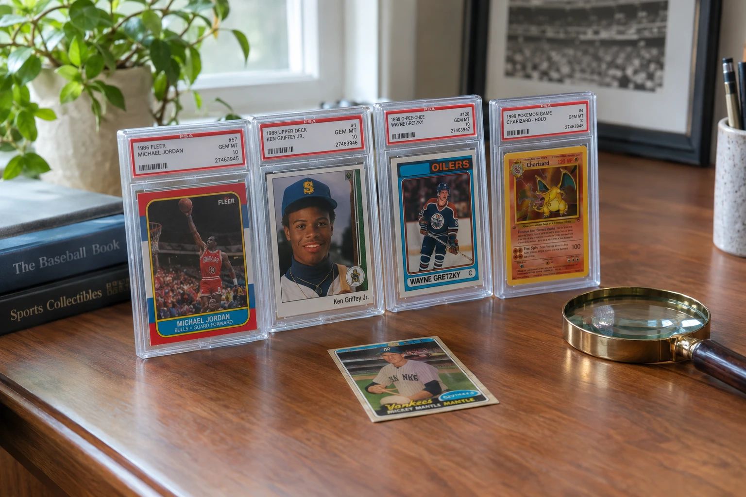 Graded sports cards in PSA-style slabs — 1986 Fleer Michael Jordan, 1989 Upper Deck Ken Griffey Jr., Wayne Gretzky OPC, and Charizard — standing on a wooden desk with a magnifying glass